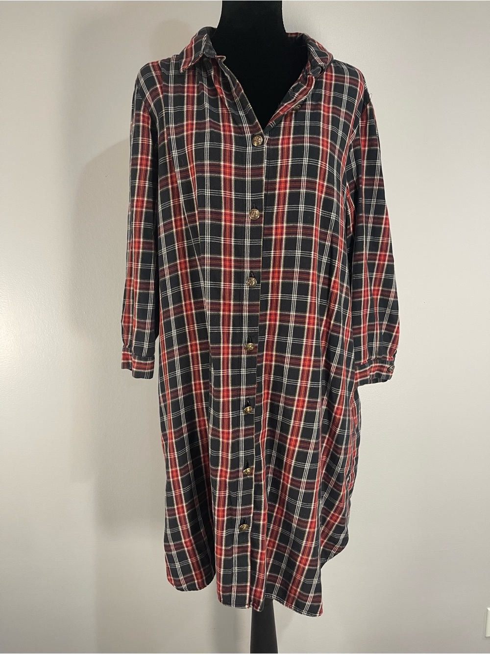 Zara Woman Premium Denim Red & Black Plaid Long-Sleeve Shirt Dress Sz. L